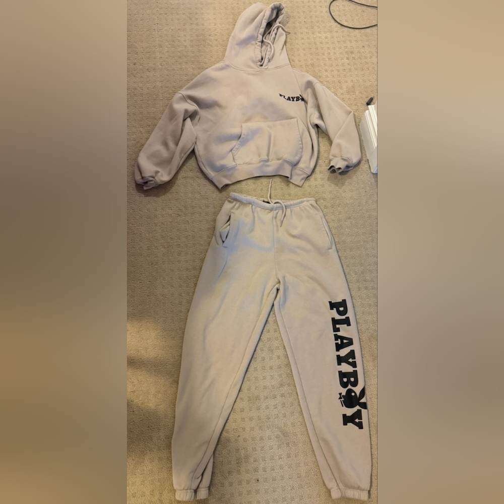 PLAYBOY Beige Cropped Hoodie and Joggers Set with Black Logo